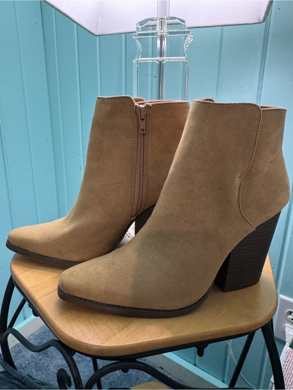 Qupid Tan Suede Pointed Ankle Booties with Stacked Heel